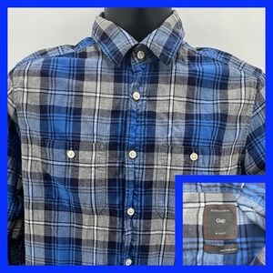 Gap Mens Plaid Long Sleeve Button Down Shirt Blue‎ Gray Size S